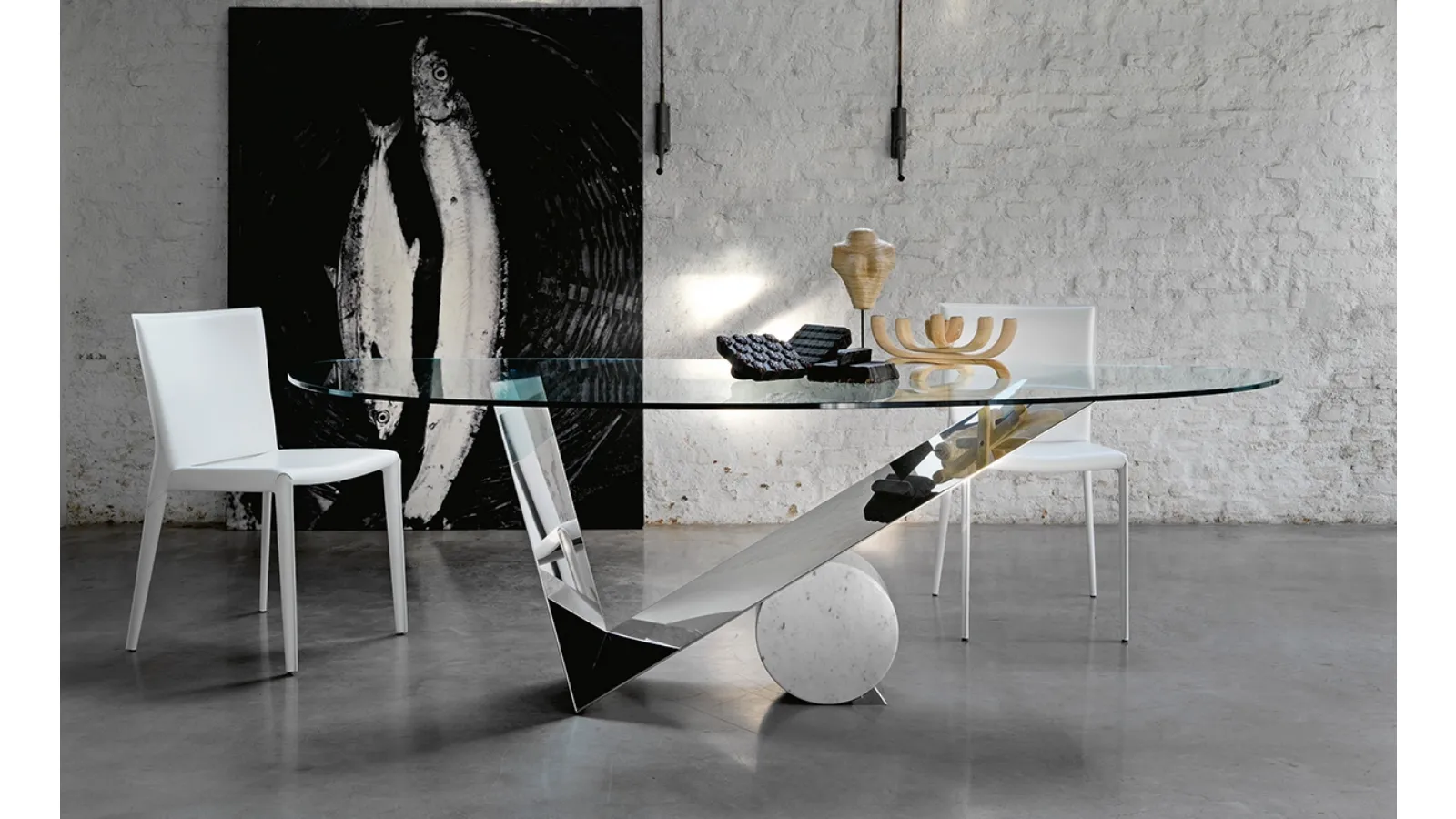 Glass table with polished Inox steel base Valentinox by Cattelan Italia