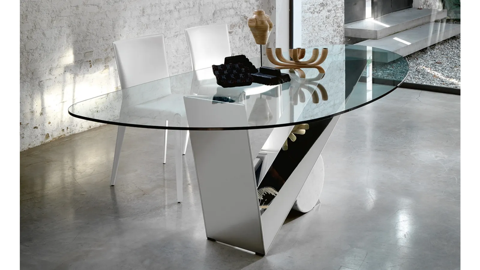 Glass table with polished Inox steel base Valentinox by Cattelan Italia
