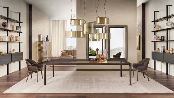 Vertige Table with glass top and solid wood base by Fiam