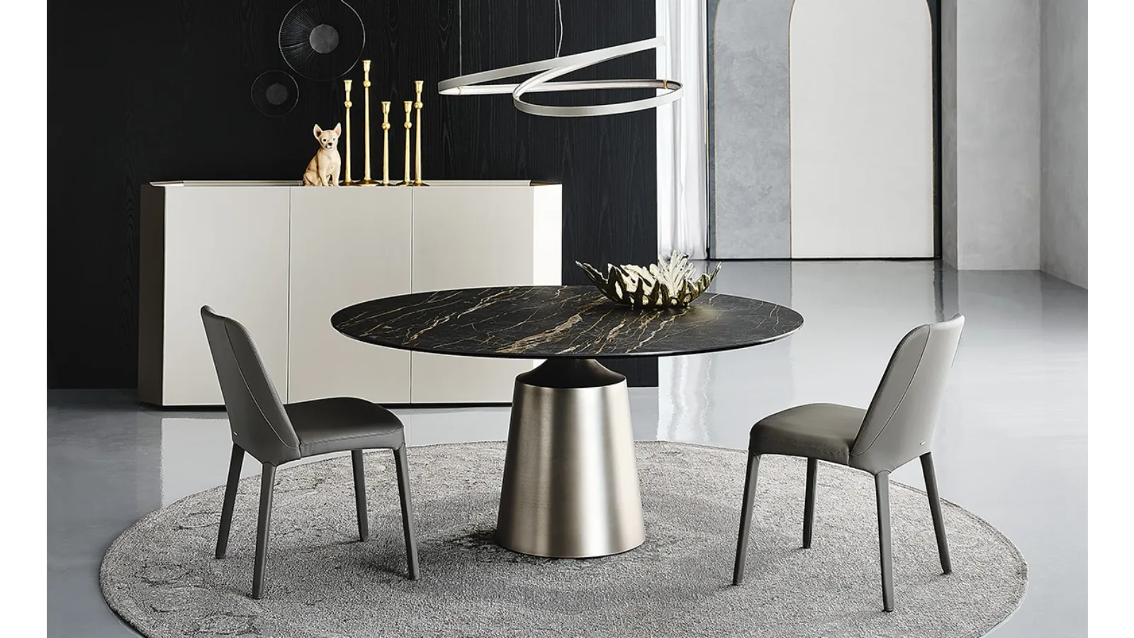 Round table with a monolithic base in painted steel and a top in Yoda Keramik ceramic by Cattelan Italia