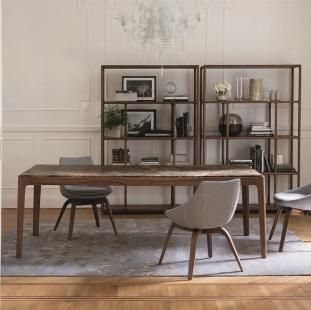 Rectangular table with a solid Canaletto walnut frame and a Ziggy marble top by Porada