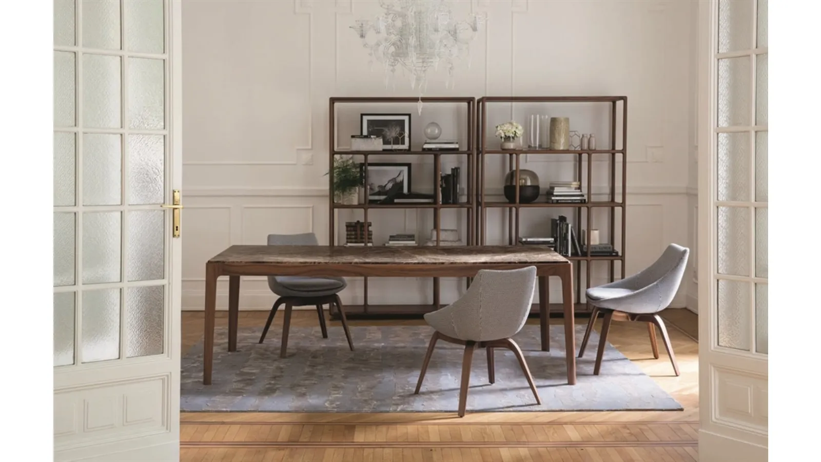 Rectangular table with a solid Canaletto walnut frame and a Ziggy marble top by Porada