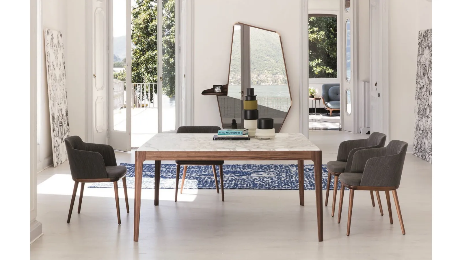 Square table with solid canaletto walnut structure and Ziggy marble top by Porada