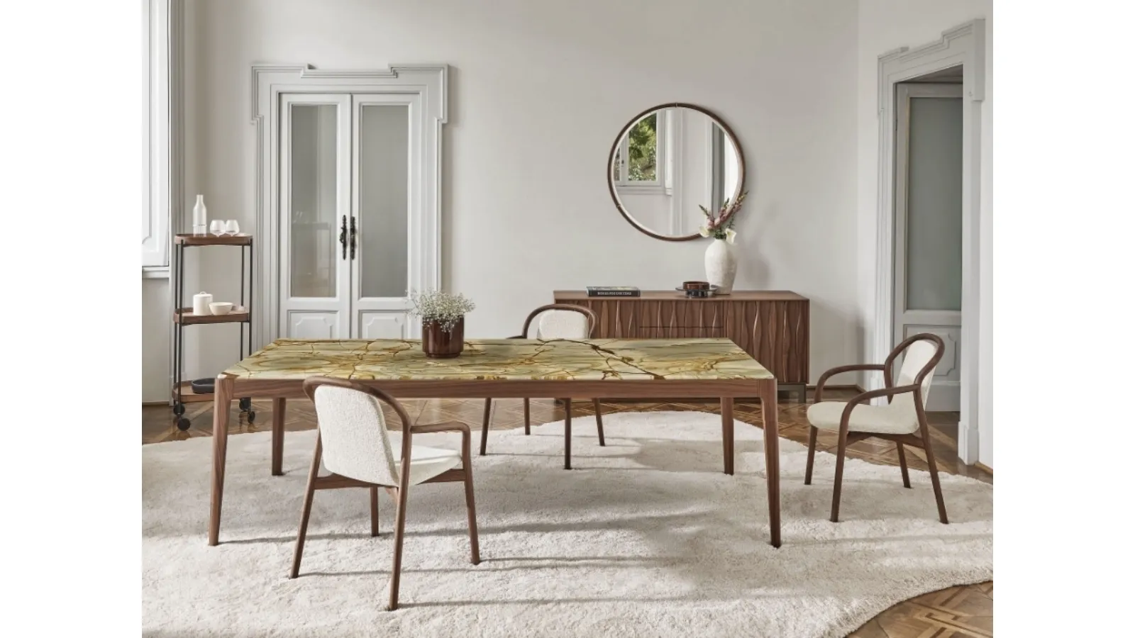 Square table with a solid Canaletto walnut structure and a Ziggy marble top by Porada