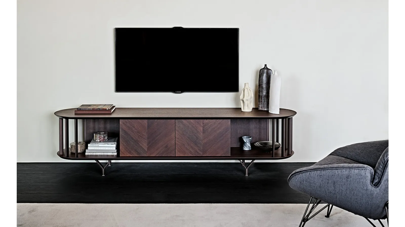 Cattelan Italia Noce Canaletto Wood TV Stand with Costes Metal Inserts