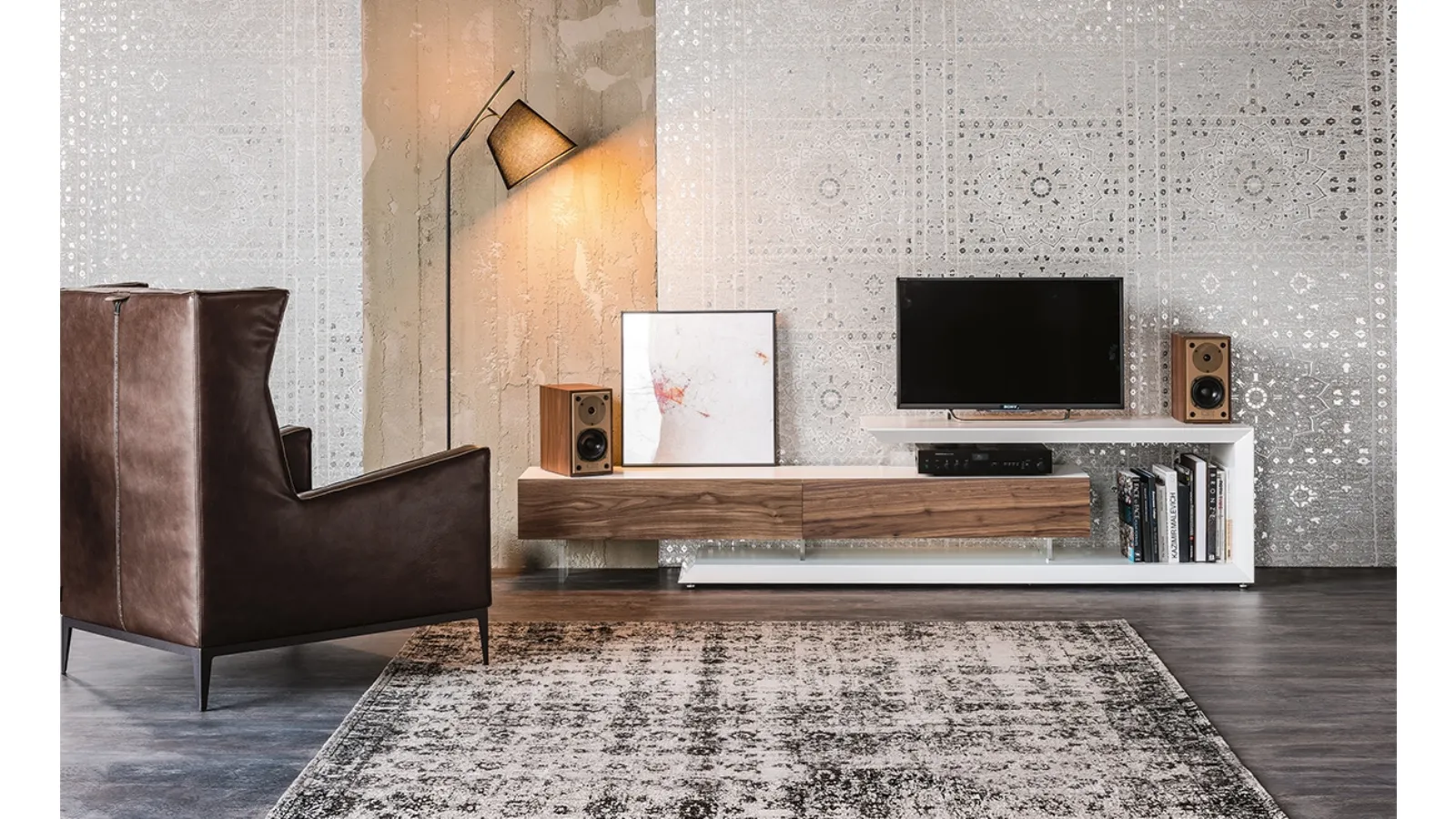Link TV Stand in Lacquered Wood and Walnut by Cattelan Italia