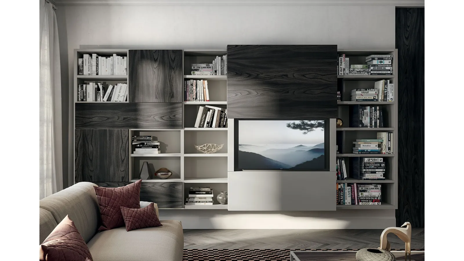 Fimar TV Stand with Sliding Door in Wood and Matte Lacquer