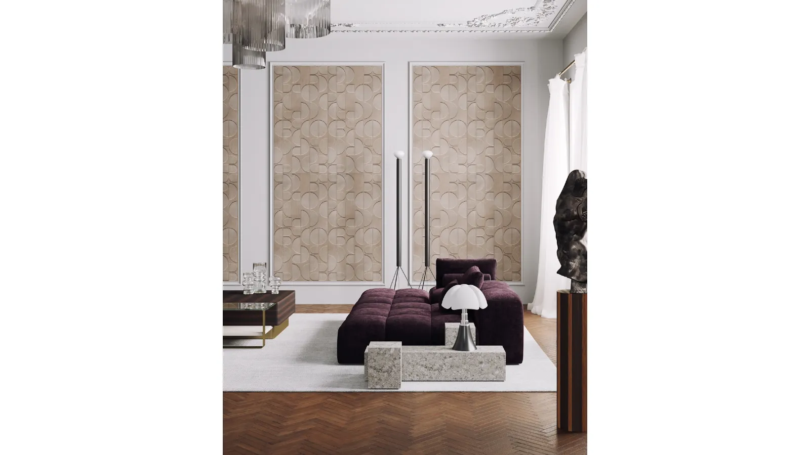 Adagio wallpaper in birch plywood decorated with Inkiostro Bianco