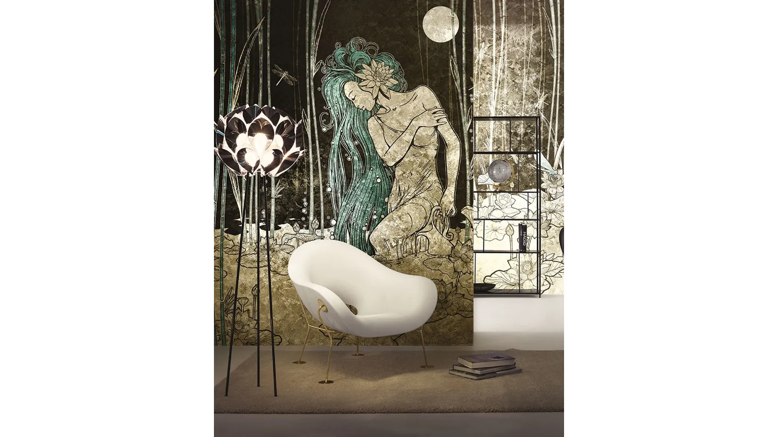 Goldenwall wallpaper with artistic illustration Bluemoon by Inkiostro Bianco
