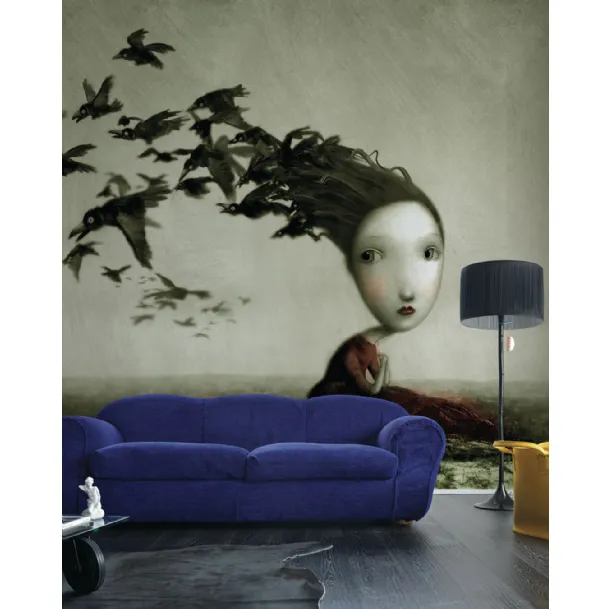 Wallpaper with artistic illustration Crows by Inkiostro Bianco