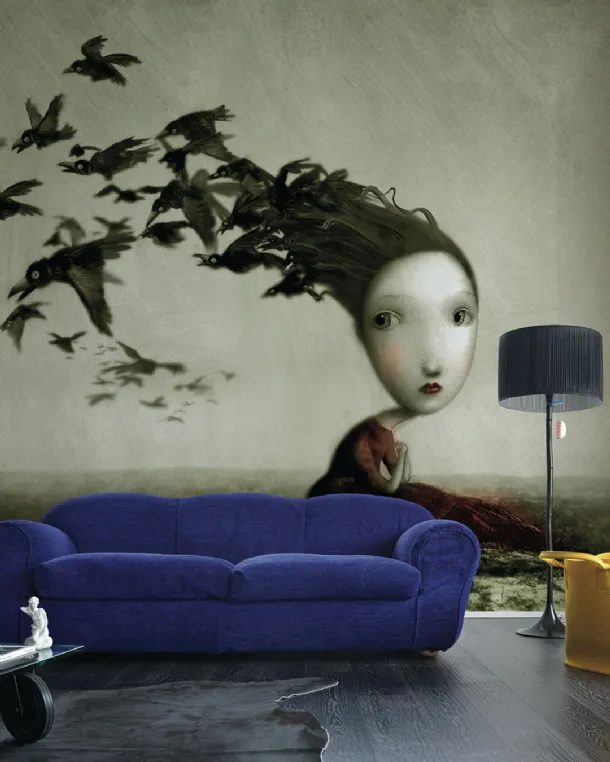 Wallpaper with artistic illustration Crows by Inkiostro Bianco