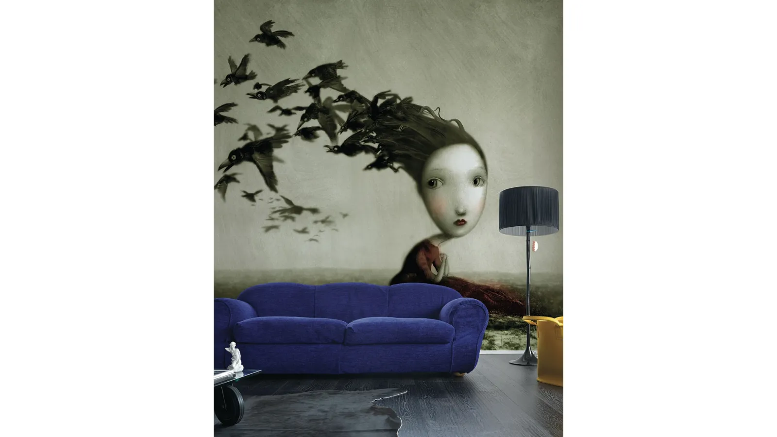 Wallpaper with artistic illustration Crows by Inkiostro Bianco