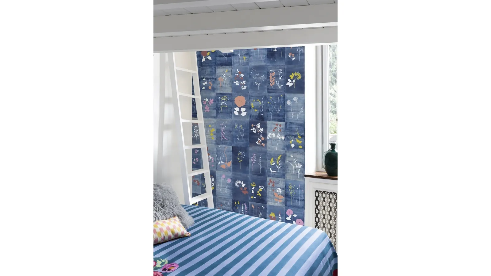 Wallpaper with decorated tiles on a Cyanopop blue background by Wall&Decò