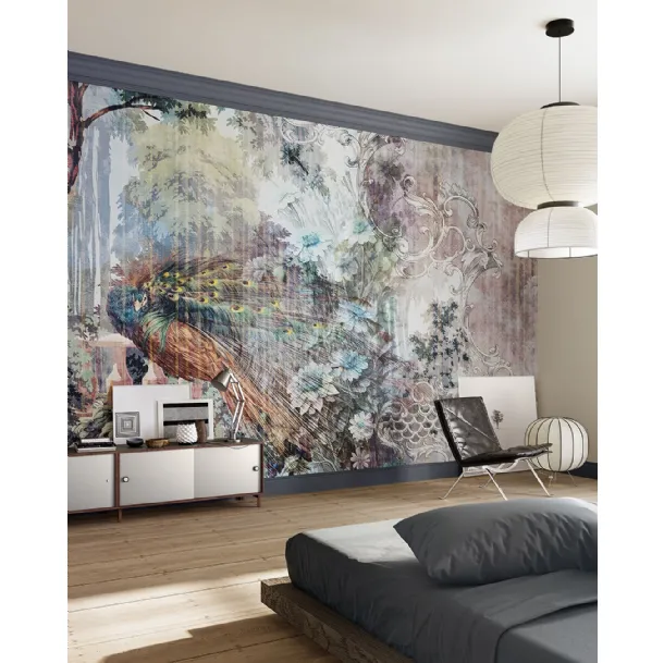 Floral wallpaper with Gaudy peacock by Inkiostro Bianco