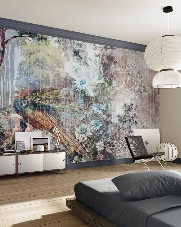 Floral wallpaper with Gaudy peacock by Inkiostro Bianco