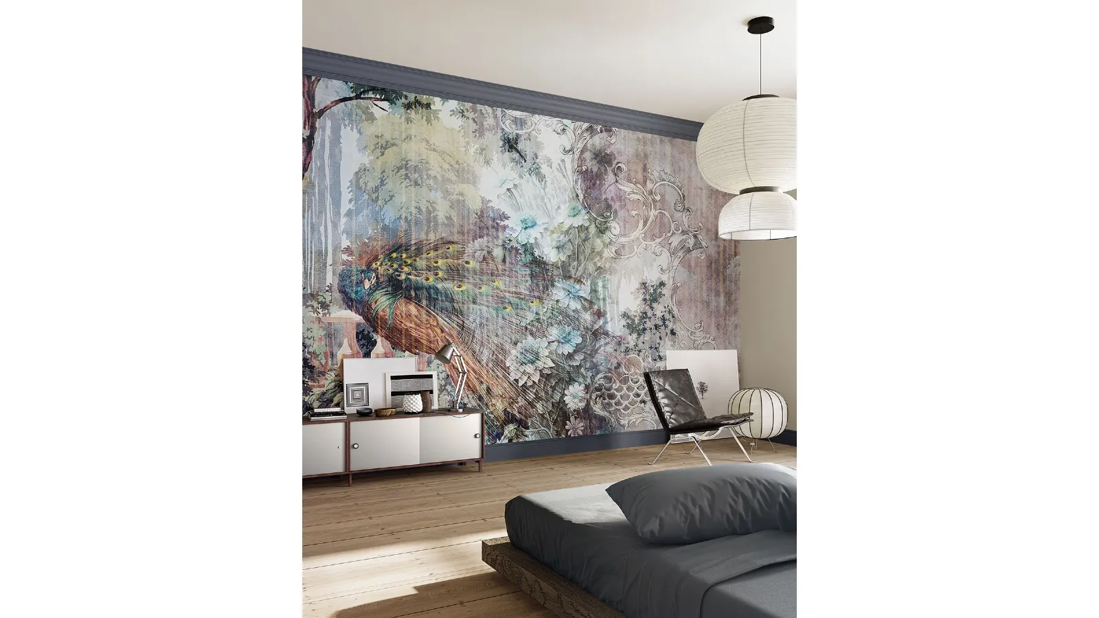 Floral wallpaper with Gaudy peacock by Inkiostro Bianco