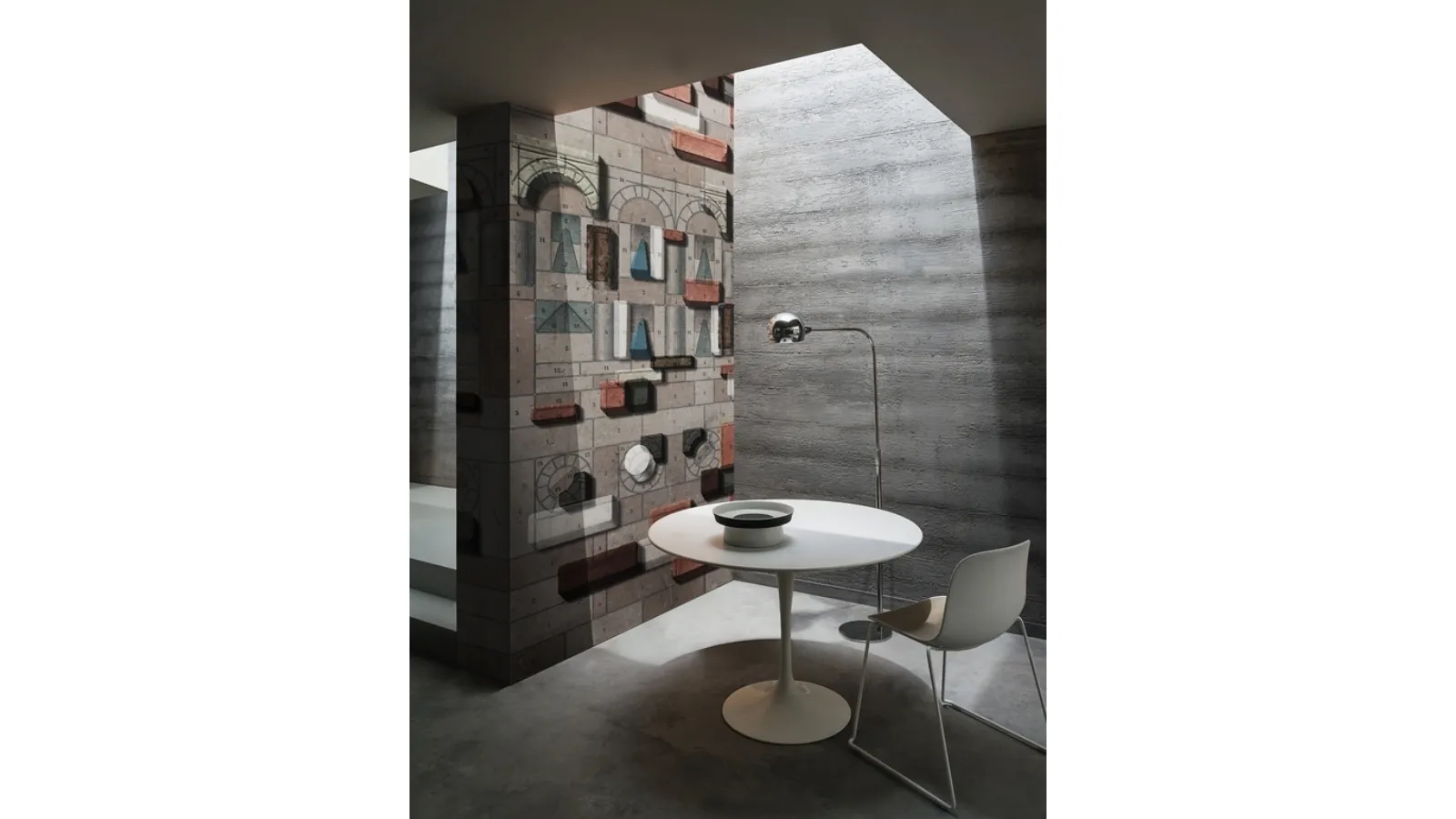 Vinyl wallpaper Jeux de Construction with a geometric graphic reminiscent of children's wooden constructions by Wall&Decò