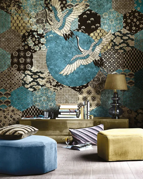Goldenwall wallpaper with Kioto oriental inspiration by Inkiostro Bianco