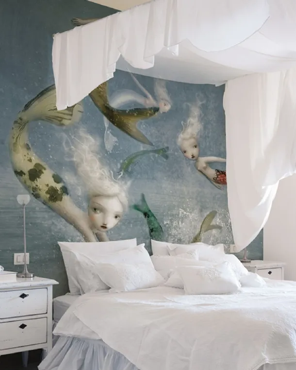 Wallpaper with artistic illustration inspired by Inkiostro Bianco's Mermaids