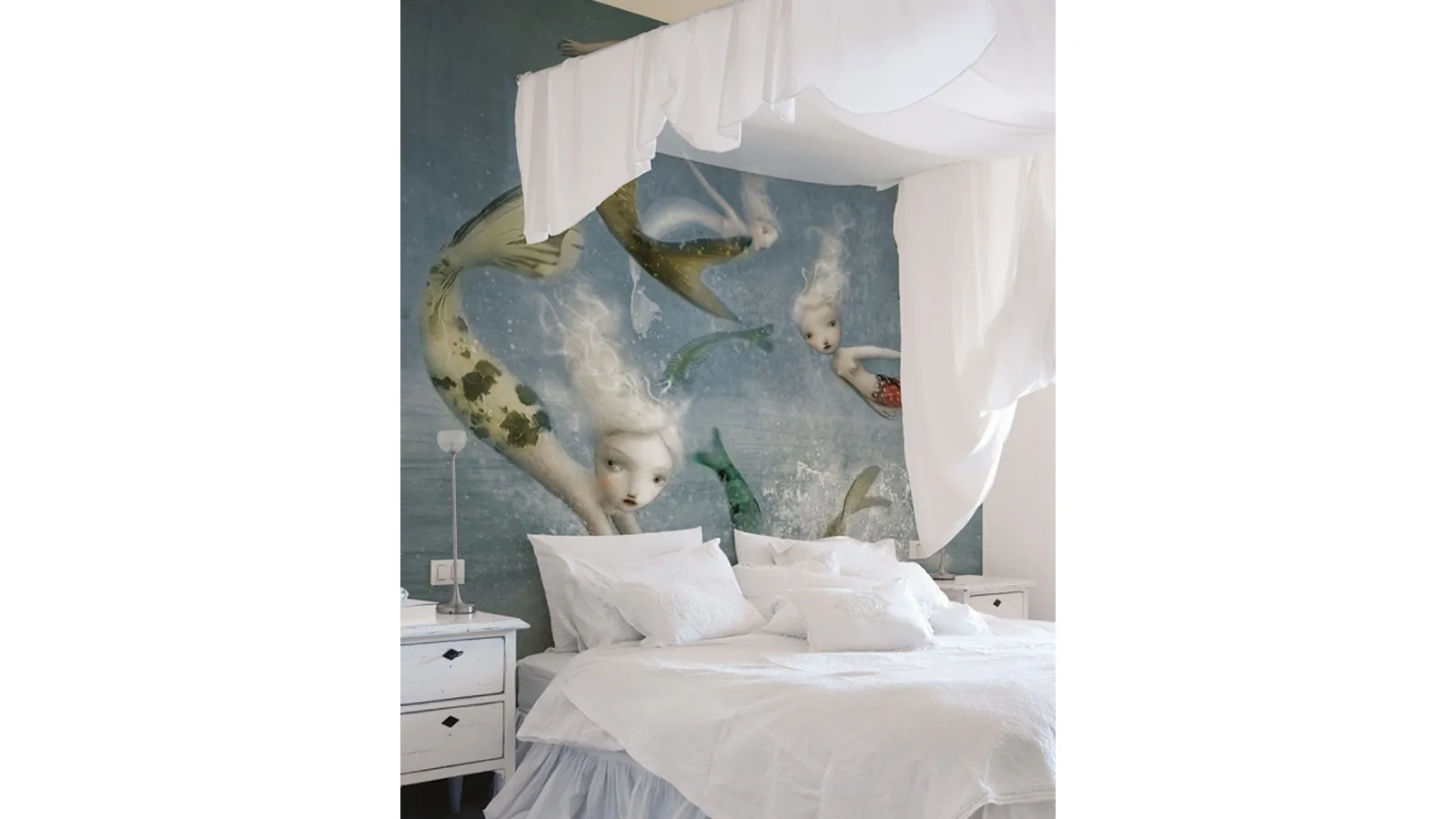 Wallpaper with artistic illustration inspired by Inkiostro Bianco's Mermaids