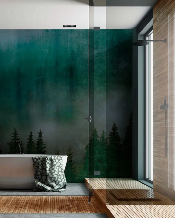 Wallpaper with illustration of a Mist forest by Inkiostro Bianco