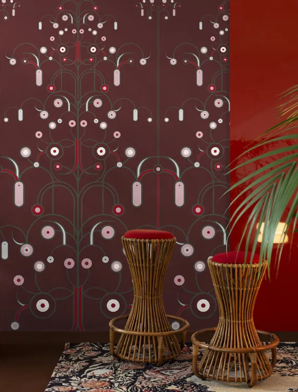 Vinyl wallpaper Morse with graphic elements that move freely in space gathered to form an almost floral design by Wall&Decò