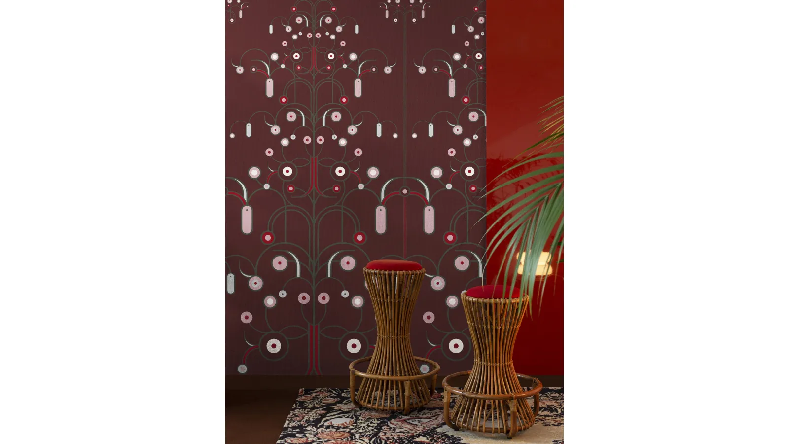 Vinyl wallpaper Morse with graphic elements that move freely in space gathered to form an almost floral design by Wall&Decò