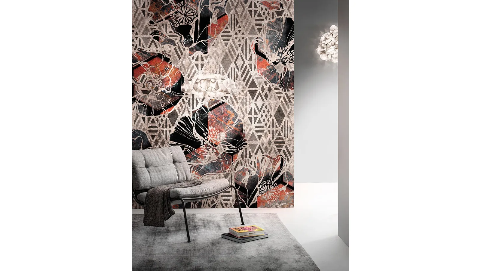 Goldenwall wallpaper with Rustilux geometric floral illustration by Inkiostro Bianco