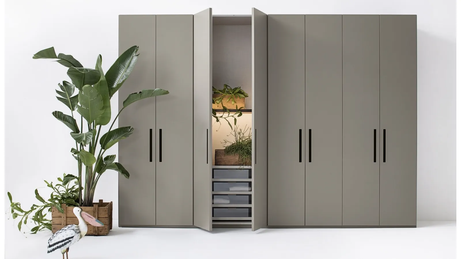 Wall-mounted wardrobe with hinged door in matte lacquered Ellevi by Lema