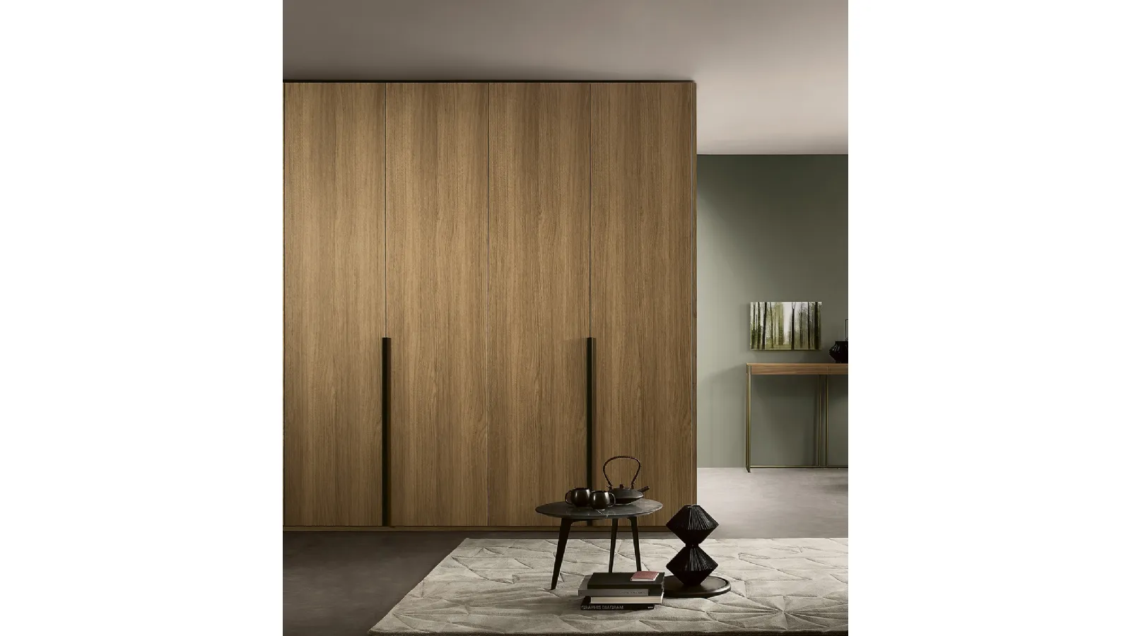 Custom wall-mounted wardrobe with a hinged door in Lema's Noce Flago wood