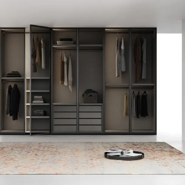 Wardrobe with hinged glass door with Linear aluminum profile by Fimar