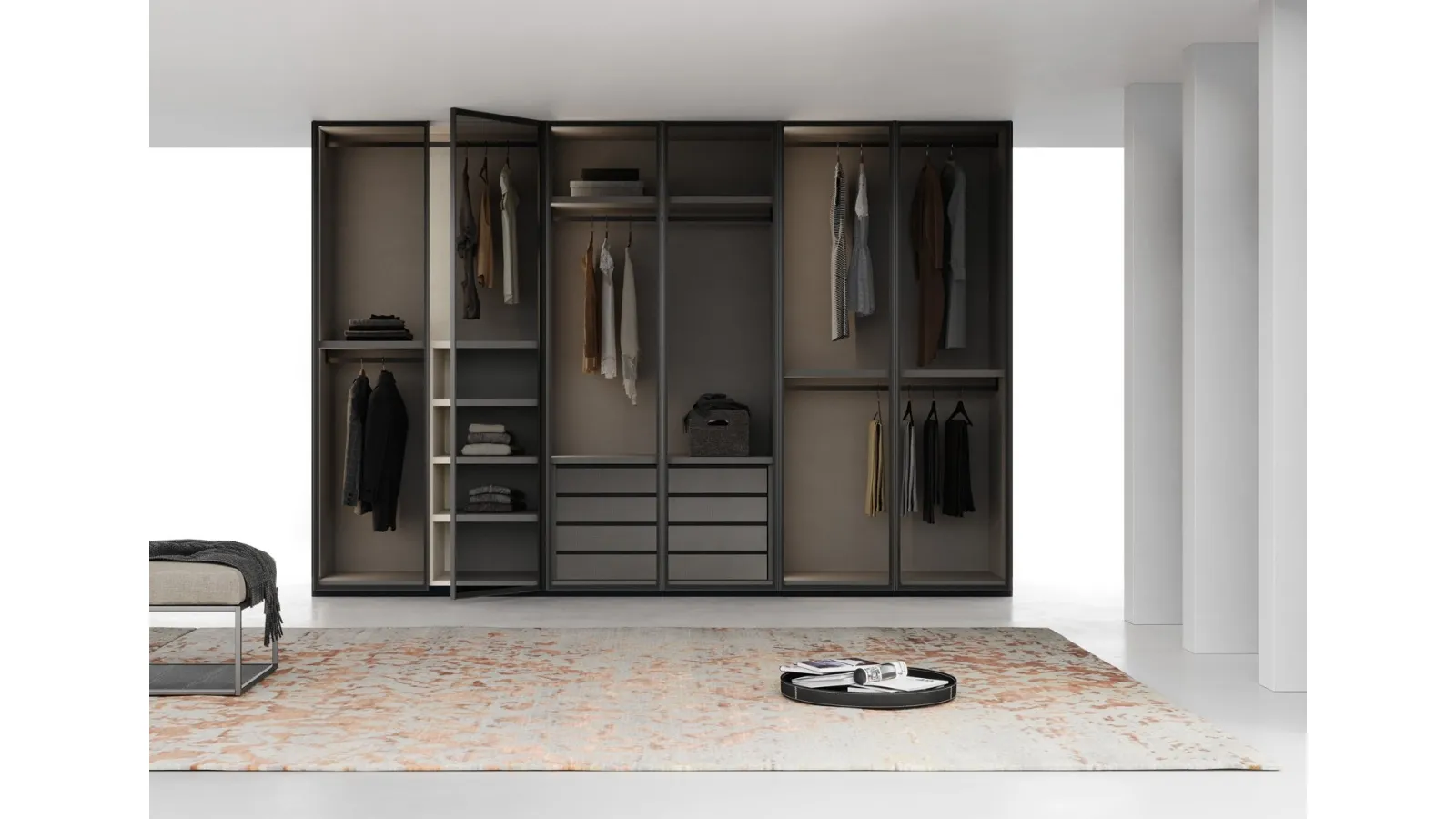 Wardrobe with hinged glass door with Linear aluminum profile by Fimar