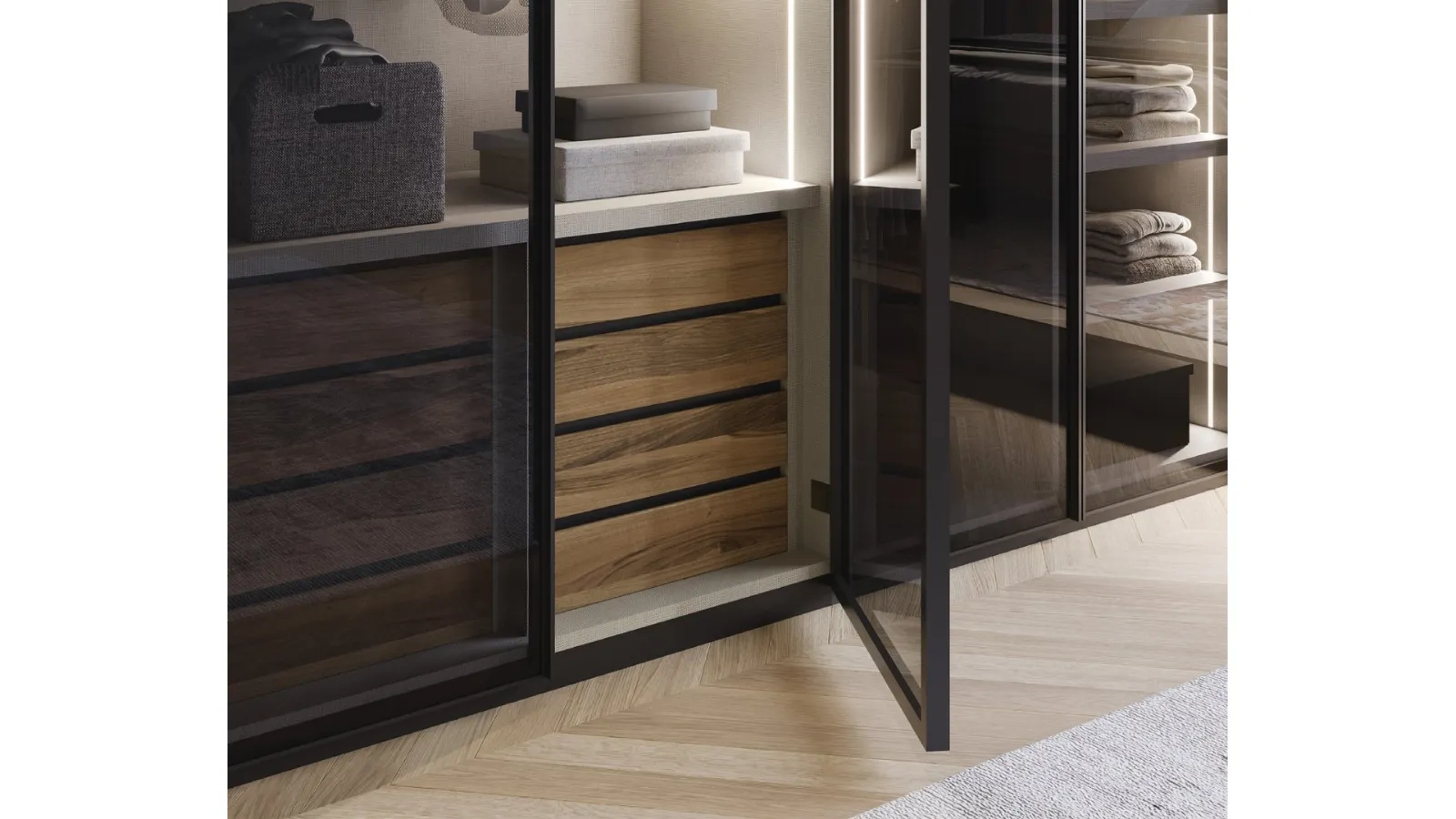 Wardrobe with hinged glass door with Linear aluminum profile by Fimar