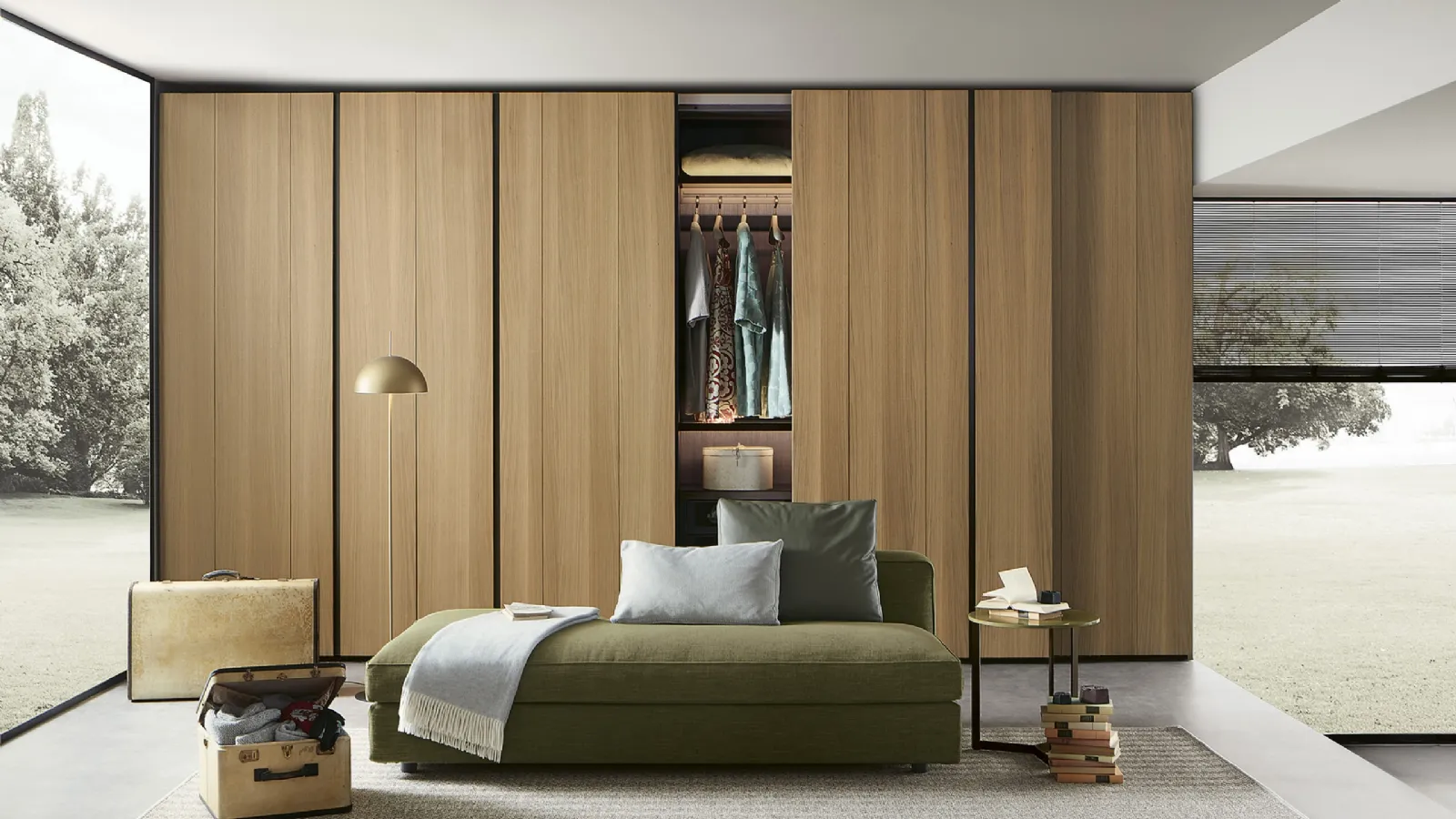 Custom wall-mounted wardrobe with sliding door in Naica walnut wood by Lema