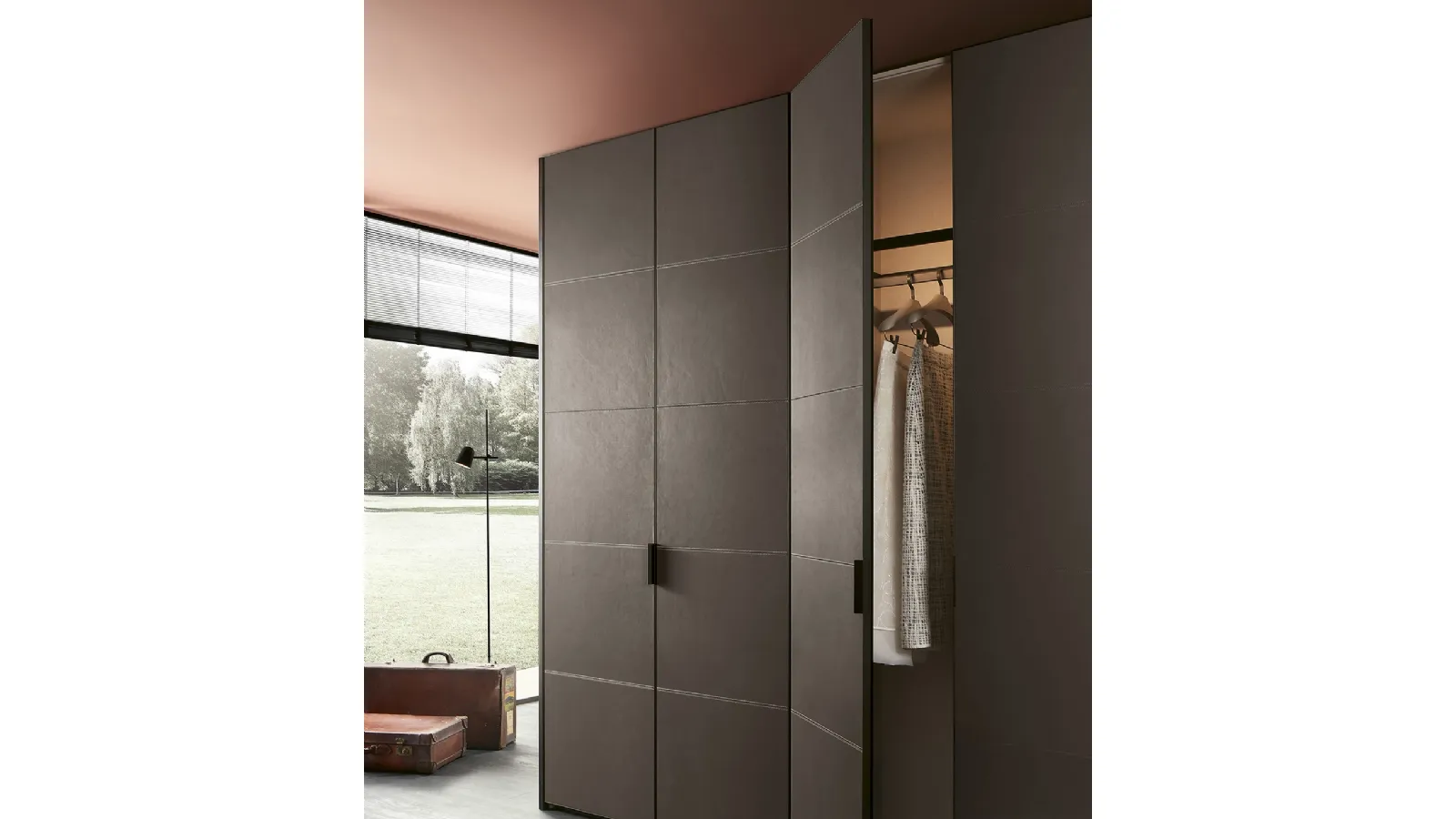 Wardrobe with hinged door upholstered in faux leather and aluminum handle Nur by Lema