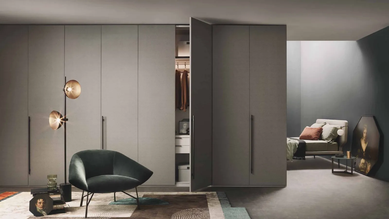 Custom wall-mounted wardrobe with hinged door in matte lacquered finish by Lema
