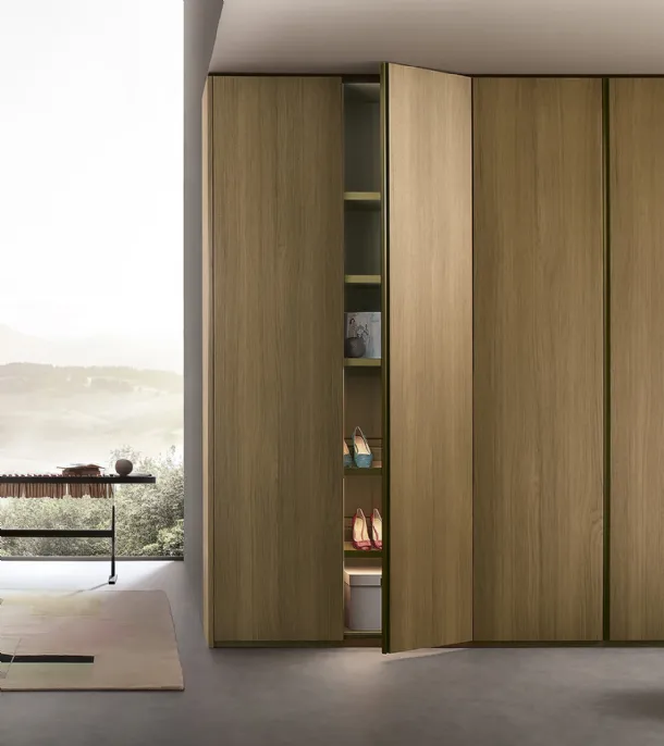 Custom wall wardrobe with hinged door in Lema's Noce Text wood veneer