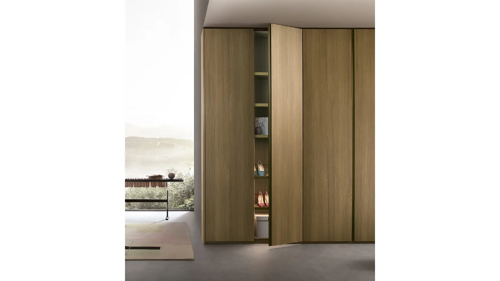Custom wall wardrobe with hinged door in Lema's Noce Text wood veneer
