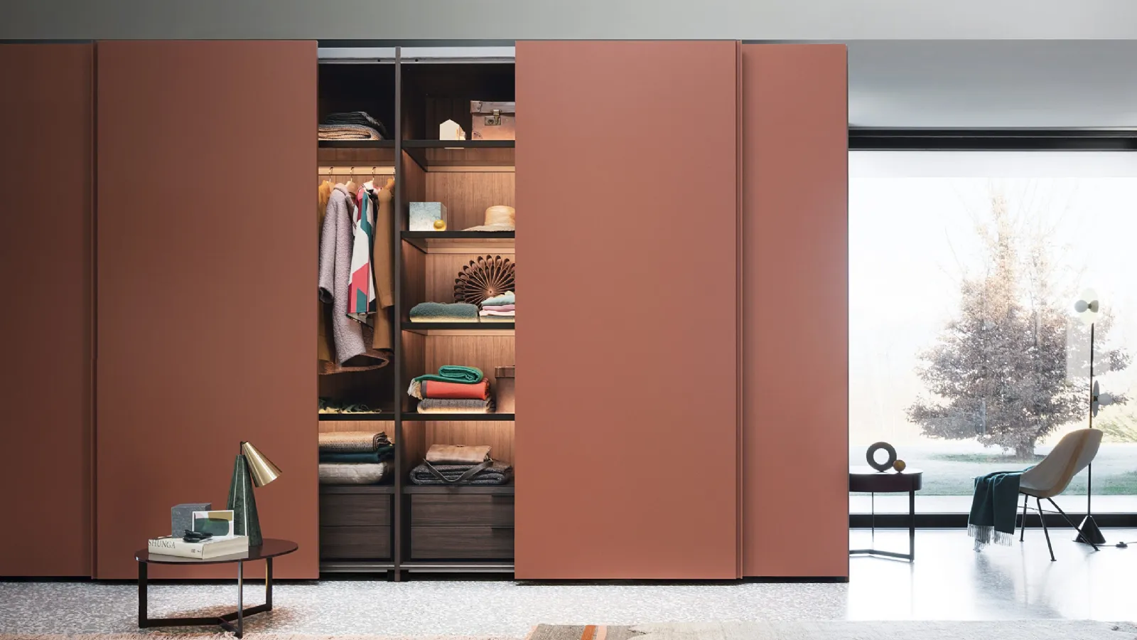 Custom wall-mounted wardrobe with sliding door in matte lacquered Text by Lema