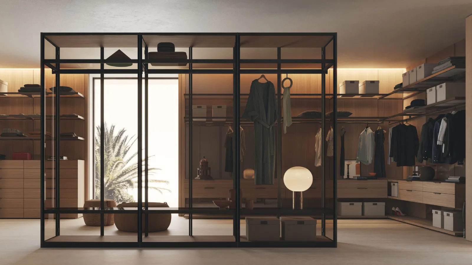Modular wardrobe with hinged glass door and metal Tian profiles by Lema